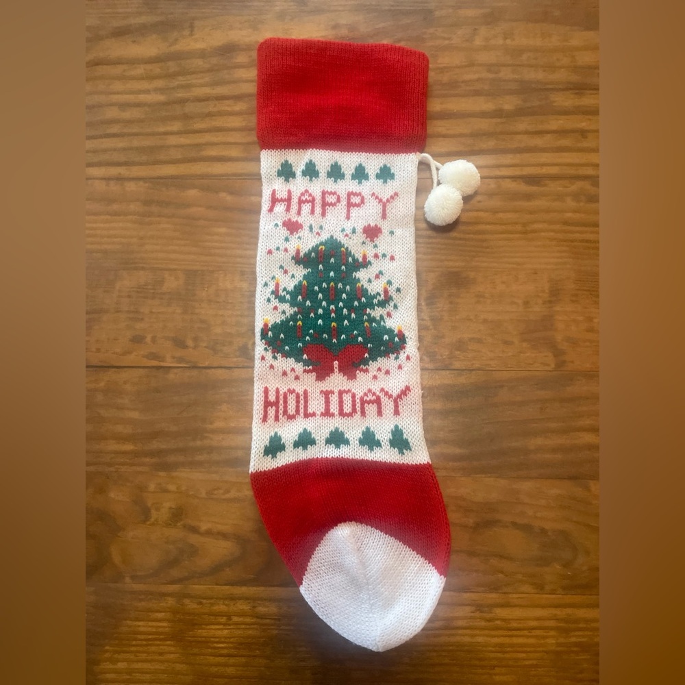 Vintage Christmas Knitted Festive Red and White Happy Holidays Stocking